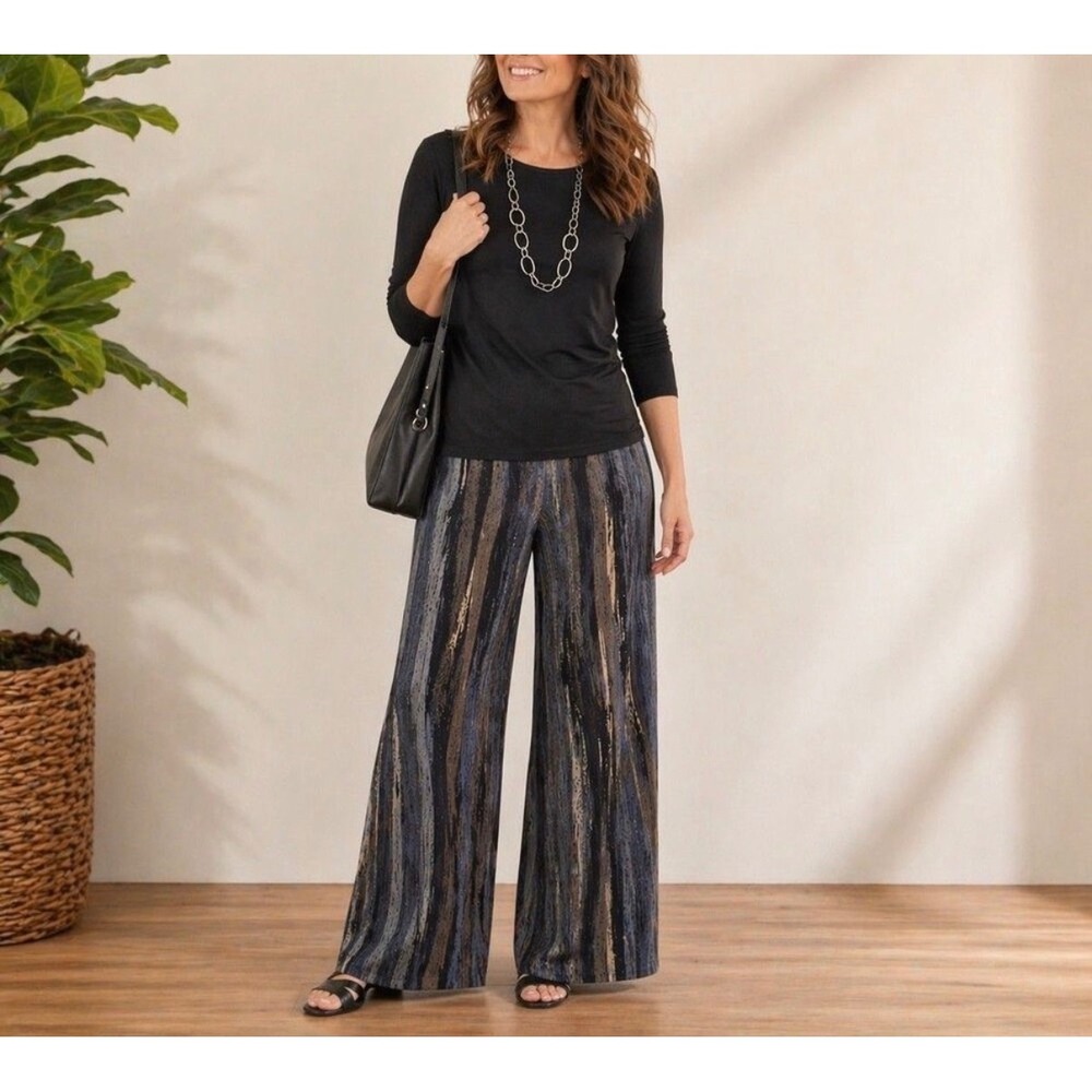 Clara Sunwoo Palazzo Pants Women Large Blue Grey Abstract Wide Leg Stretch